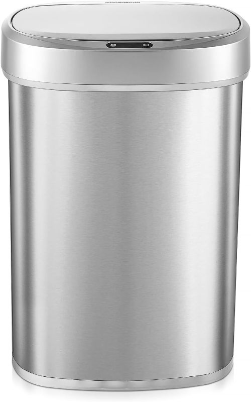 Photo 1 of  Automatic Touchless Motion Sensor Oval Trash Can with Black Top, 13 gallon/50 L, Stainless Steel
