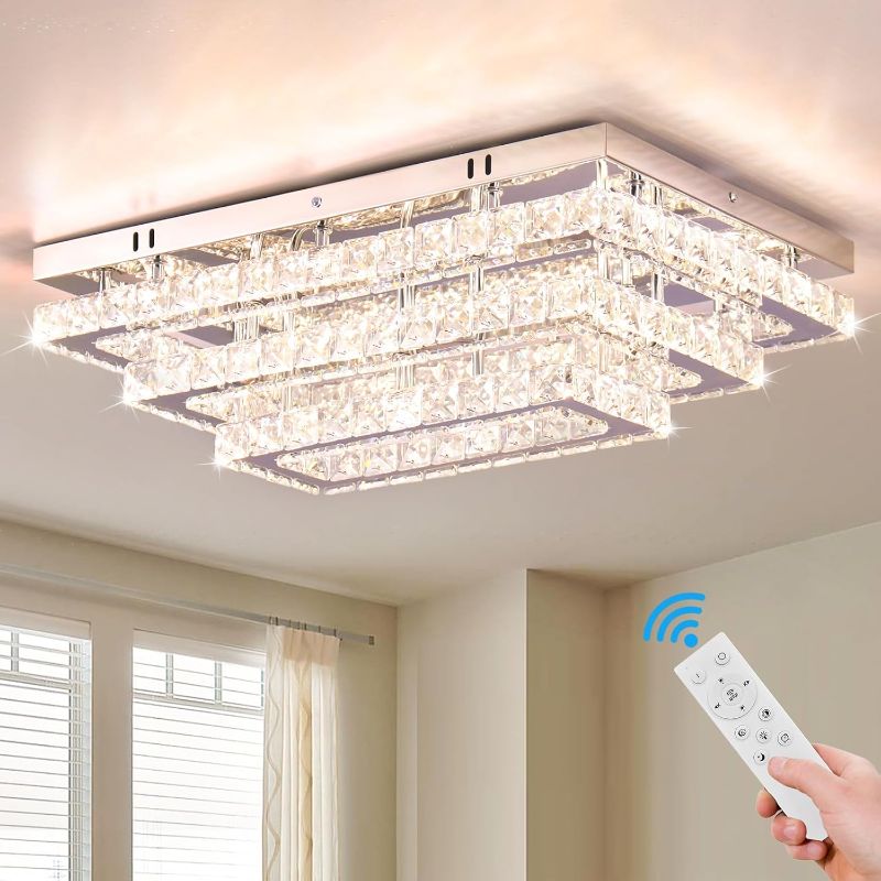Photo 1 of Finktonglan Modern Crystal LED Ceiling Light Fixtures 20” Dimmable Rectangular Flush Mount Chandelier Ceiling Lights 3-Tiers Stainless Steel Ceiling Lamp Fixtures for Living Room Bedroom Dining Room
