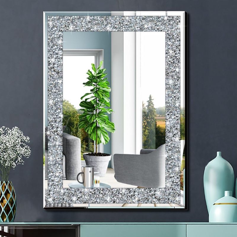Photo 1 of Crystal Crush Diamond Rectangle Silver Mirror for Wall Decoration 20x28inch Wall Hang Frameless Mirror Glass Diamond Decor.