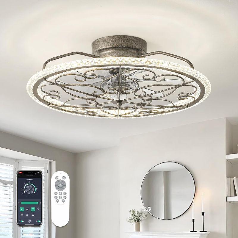 Photo 1 of Low Profile Ceiling Fan with Lights 20" Ceiling Fan with Remote Bladeless Ceiling Fan Boho Vintage Flush Mount Ceiling Fan with Light 3 Color Smart LED Dimmable,Handmade Antique Vintage Silver
