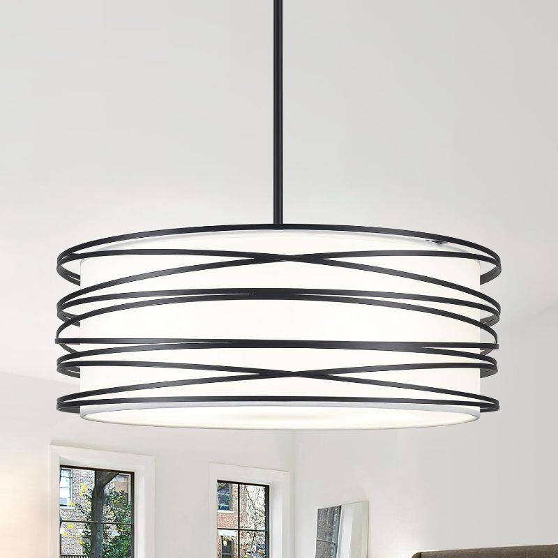 Photo 1 of 19.7'' 5-Light Black Drum Chandelier - Black and White Industrial Light Fixtures Modern Farmhouse Pendant Light for Kitchen Island Dining Room Hallway Kitchen Island Bedroom
