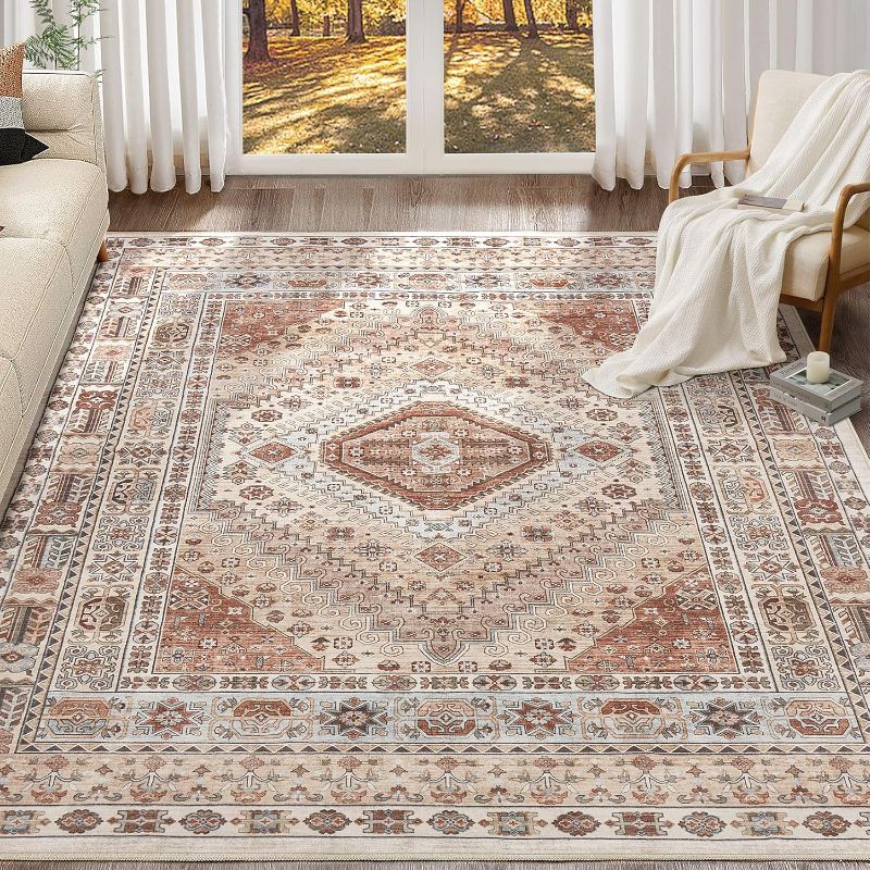 Photo 1 of 8x10 Area Rugs Living Room: Washable Boho Large Neutral Vintage Soft Rug Indoor Stain Resistant Non-Slip Carpet for Bedroom Dining Room Playroom Office Home Decor- Dark Orange
