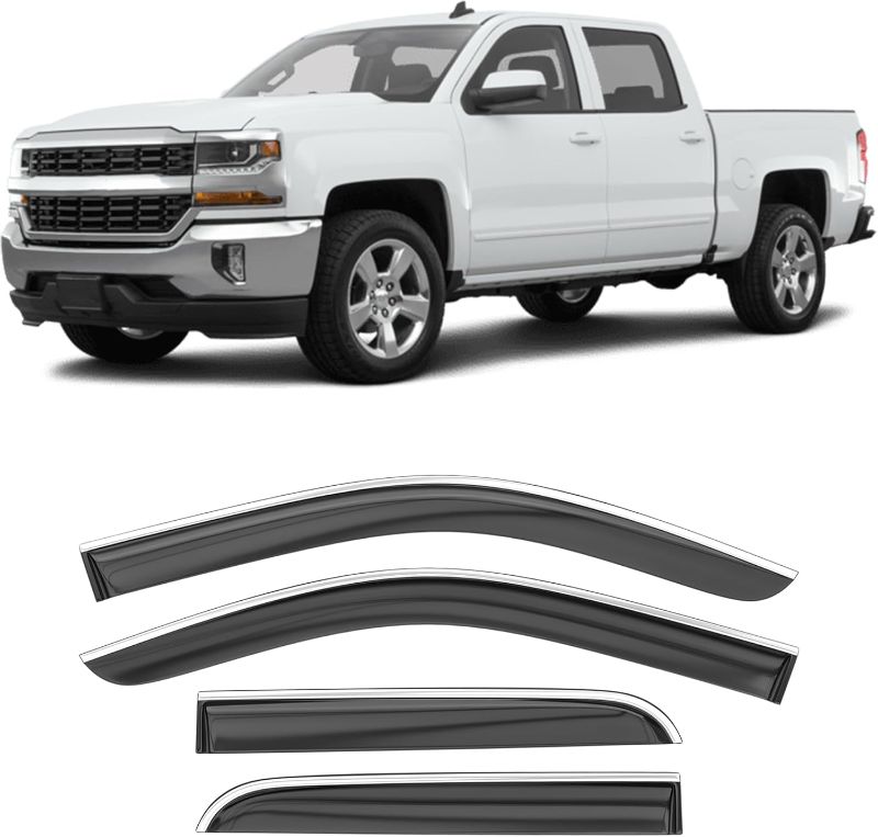 Photo 1 of Shatterproof Taped-On Window Deflectors for 2014-2018 Chevy Silverado GMC Sierra 1500 Double Cab with Chrome Trim, Rain Guards, Window Visors for Car, Vent Deflector, 4pcs
