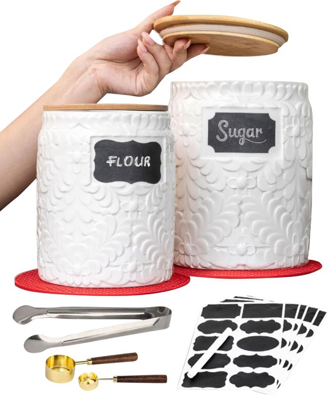 Photo 1 of Ceramic Canisters Sets for the Kitchen Set of 2 - 94/52 Oz - Food Storage Containers, Airtight Bamboo Lid, Decorative Flour Sugar Coffee Canister, Food Container for Coffee, Flour, Sugar, Cookie Jar
