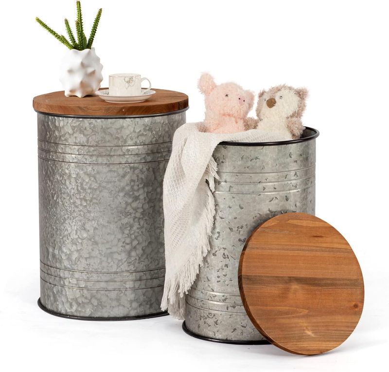 Photo 1 of Poofzy Farmhouse End Tables Set of 2, Galvanized Metal Decor Side Table with Wood Lid, Coffee Table Storage Stool for Living Room (Grey)
