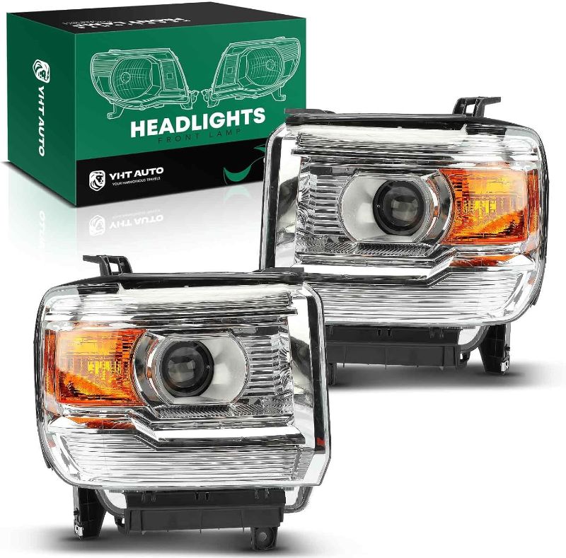 Photo 1 of YHTAUTO Pair Headlights Assembly Compatible with GMC Sierra 1500 2014-2015, Sierra 2500HD/3500HD 2015-2019, No Bulbs Included, Direct Fit DOT Certified Head Lights Lamps, Clear Lens Chrome Housing
