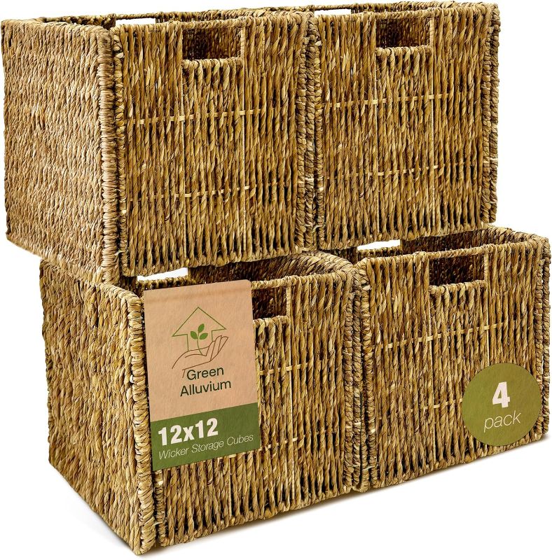 Photo 1 of 4 Pack Collapsible Storage Bins - 12x12 Wicker Storage Cubes, 12 inch Storage Baskets For Organizing, IKEA Shelves, Kallax Inserts, Closet, Office – Foldable Storage Basket For Shelves, Toys, Clothes
