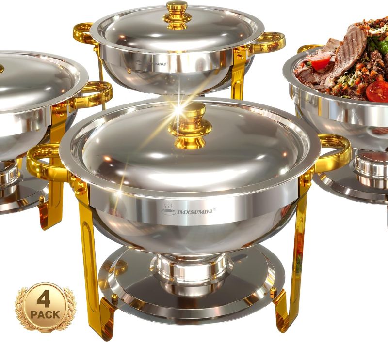 Photo 1 of Chafing Dish Buffet Set 4 Pack, 5QT Round Chafing Dishes for Buffet, High Grade Chafers and Buffet Warmers Sets, Stainless Steel Food Warmers for Parties, Weddings, Catering,Gold and Silver

