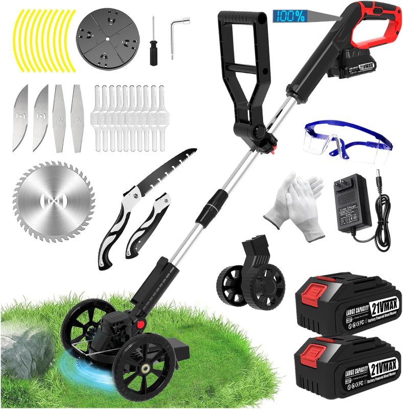 Photo 1 of Electric Cordless Weed Wacker Eater Battery Powered, Stringless Weed Trimmer with 2 21V/2.0Ah Battery Operated & 5 Types Blades & Wheels,No-String Grass Trimmer/Lawn Edger/Brush Cutter for Garden Yard

