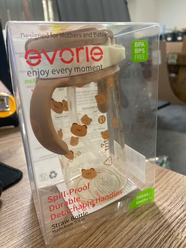 Photo 1 of Evorie Tritan Spill Proof Toddler Straw Sippy Cup, 10 oz for Baby and Toddlers 1-3 Years Old, No Spill Straw Water Bottle with Removable Handles, Ideal for School, BPA-Free, Honey Bear
