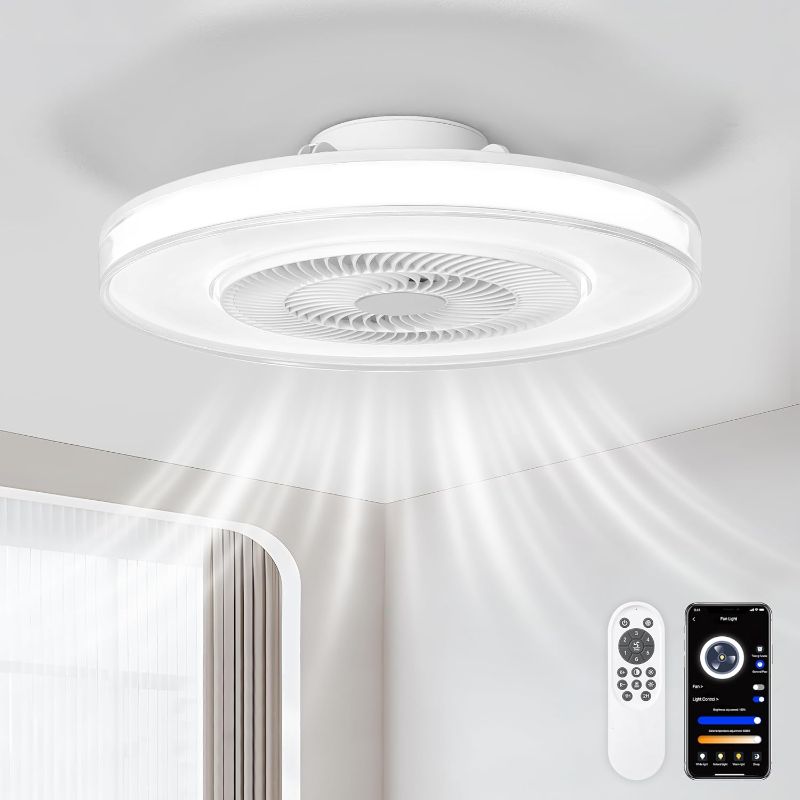 Photo 1 of 20" Ceiling Fan with Light and Remote, Modern Low Profile,Stepless Color Temperature and Brightness Adjustable and 6 Wind Speeds for Bedroom, Kids Room, Living Room and Study Room (White)

