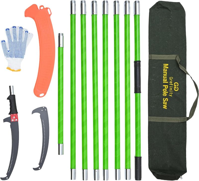 Photo 1 of 27FT Manual Pole Saw, Tree Branch Trimmer with 8-Section Fiberglass Handle, Sharp Steel Blade, Lightweight Extendable Design for High Branch Trimming, Ideal for Palms and Shrubs
