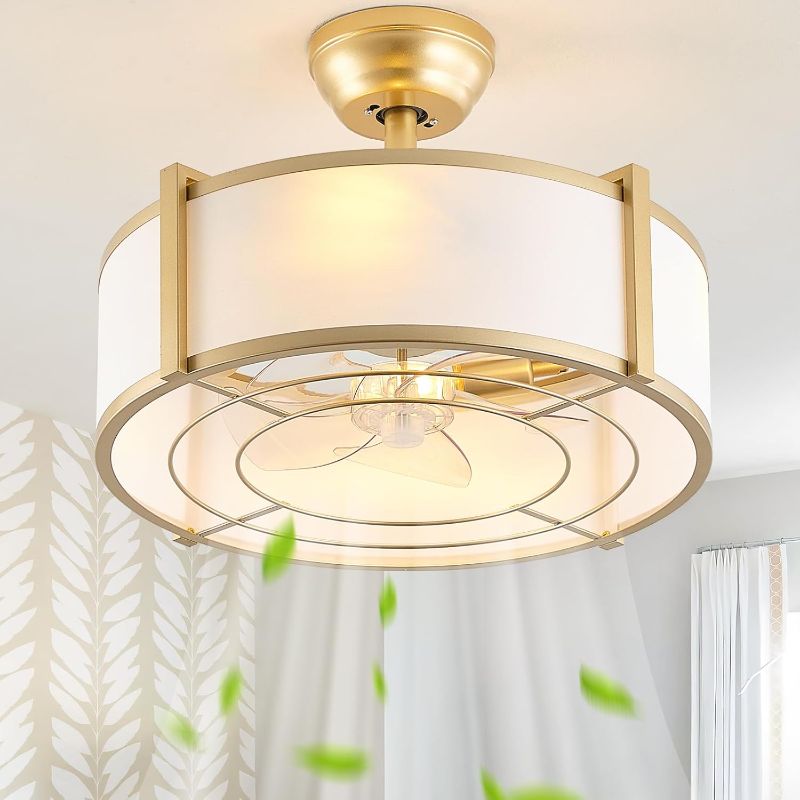 Photo 1 of 20" Gold Fandelier Ceiling Fans with Lights, Boho Rattan Ceiling Fan with Light Remote Control, Caged Mid-Century Modern with 6 Speeds for Bedroom, Nursery, Living Room
