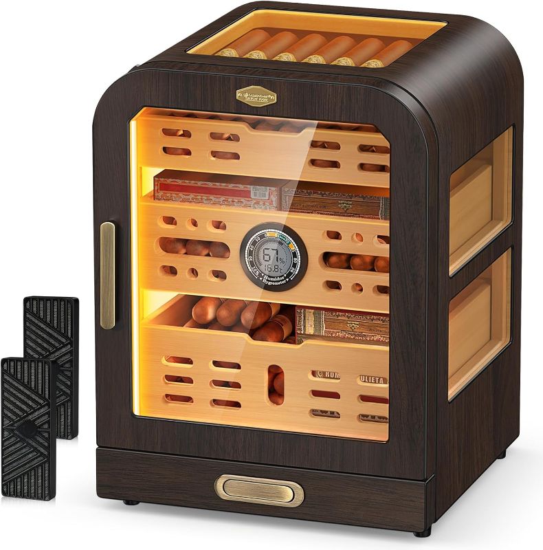 Photo 1 of Cigar Humidor, 3 Side Windows Humidor Cigar Box, Cedar Wood Drawer Cigar Cabinet, with LED Lighting System, Digital Thermometer and 2 Cigar Humidifiers, Glass Top Cigar Case for 80-120 Cigars
