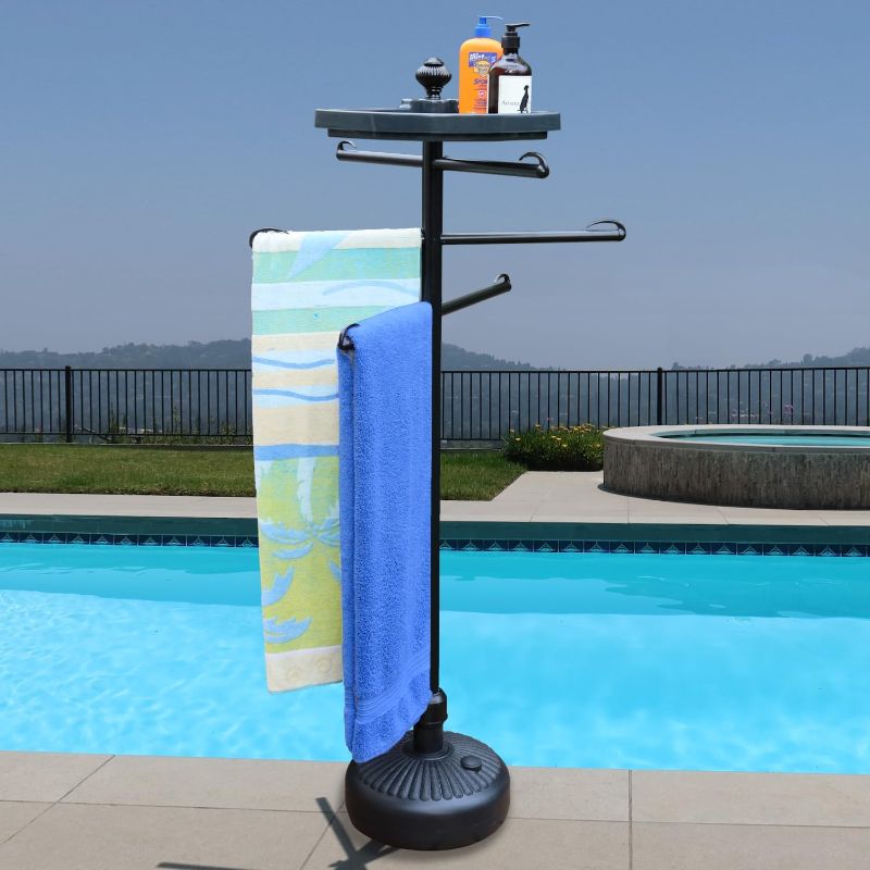 Photo 1 of Outdoor Towel Rack with Storage Tray and Bar Clips - 6 Arm Towel Rack for Pool, Hot Tub, or Outdoors