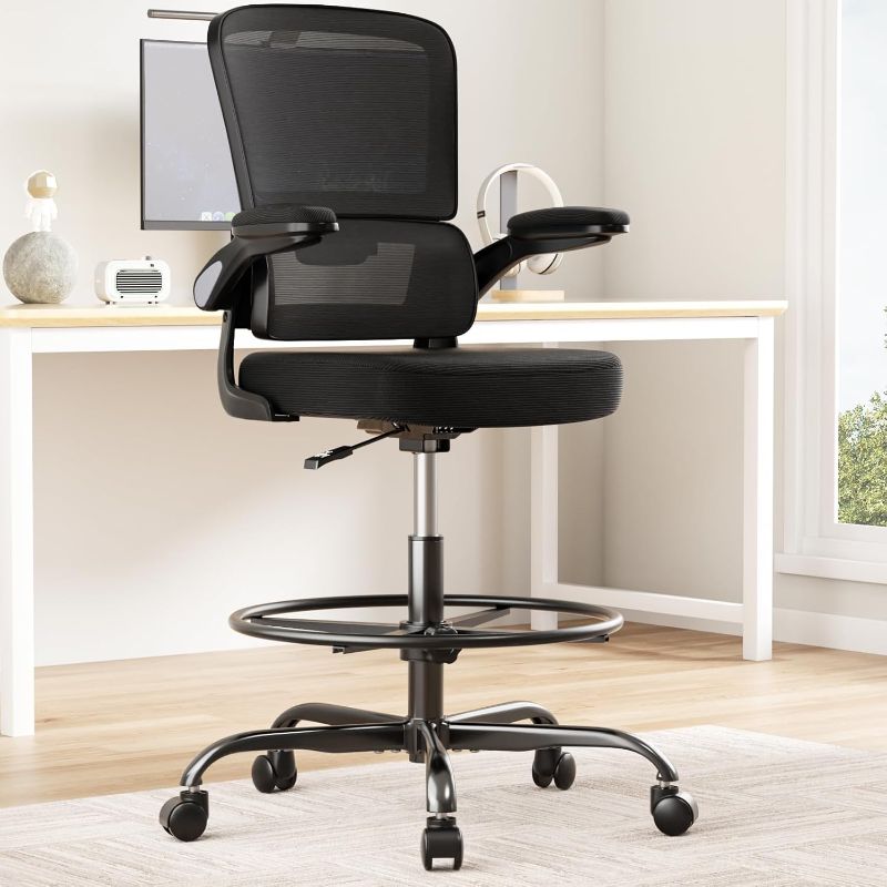 Photo 1 of Ergonomic Drafting Chair with Footrest,Tall Office Chair for Standing Desk with Flip-up Armrests with Breathable Comfy Mesh Support and Adjustable Foot Rest Ring(Black)
