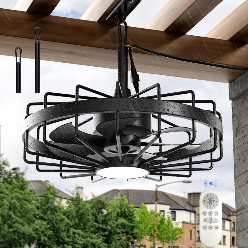 Photo 1 of 20" Outdoor Ceiling Fans With Lights, IP65 Waterproof Remote Control Gazebo Hanging Fan With 7 Blades, Caged Ceiling Fan With Hook And 2 Downrods For Patios Pergola Porch
