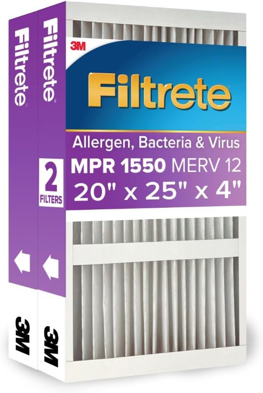 Photo 1 of Filtrete 20x25x4 AC Furnace Air Filter, MPR 1550, MERV 12, Fits Lennox & Honeywell, Allergen, Electrostatic Air Cleaning Filter, 2-Pack (actual size 19.88 x 24.63 x 4.31)
