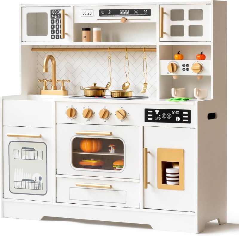 Photo 1 of Interactive Wooden Play Kitchen Set for Kids Realistic Features with Extended Storage and 15 Kitchen Accessories, Ideal Pretend Playset Gift for Toddlers and Children Ages 3+

