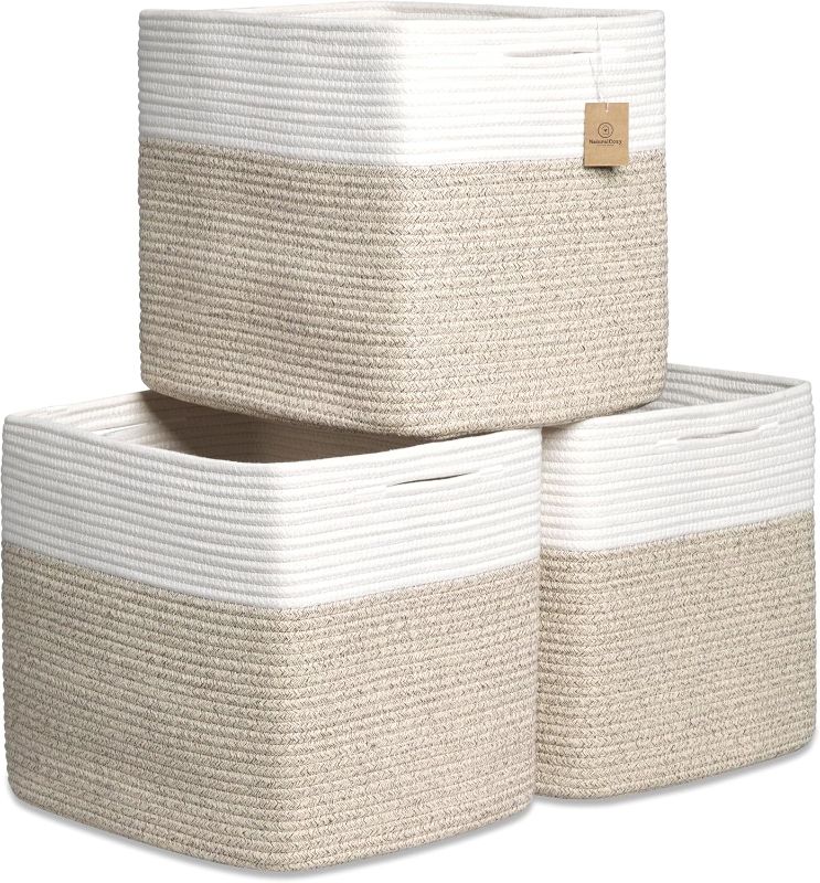 Photo 1 of NaturalCozy 13x15x13 Kallax Storage Cubes Bins, 3 Pack | Cotton Rope Cube Storage Bin Woven Baskets for Organizing | Kallax Insert Storage Baskets for Shelves Organizer, Kids Toy, Closet Baby Nursery
