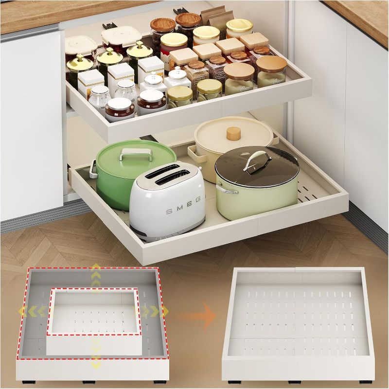 Photo 1 of 2Pc Pull out Cabinet Organizer,Width (14"-21"),Depth(17"-24") Expandable with 3 Rails,No Drill Roll out Drawers,Adhesive Sliding Drawers,Slide out Shelves for Cabinets Without Lip,Kitchen,Pantry,White
