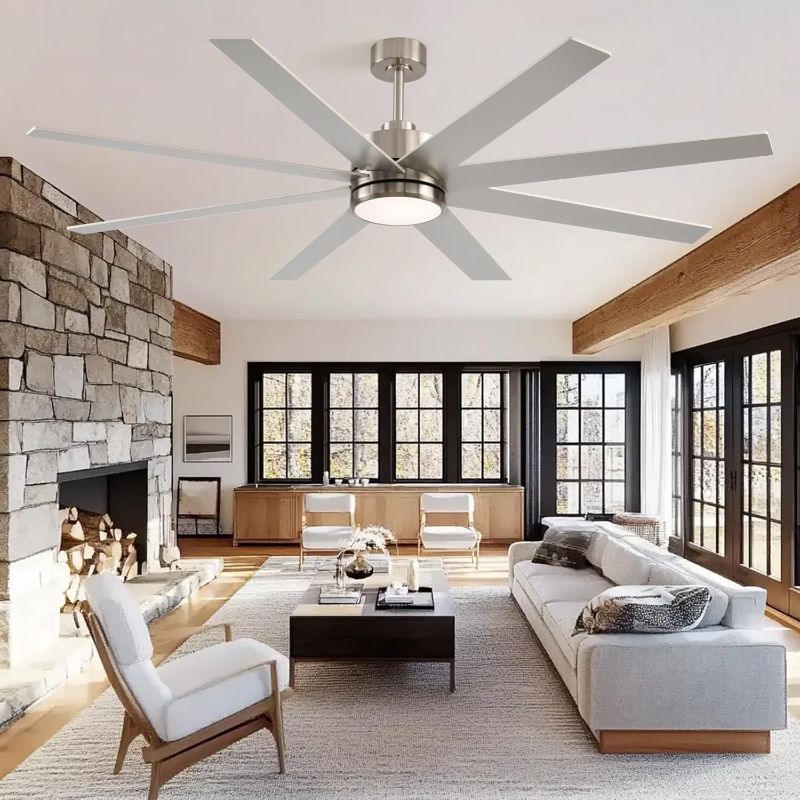 Photo 1 of Ceiling Fan with Lights - 72 Inch Large Ceiling Fan with 24W LED Light and Remote Control, 6 Speeds, 8 Blades, 3 Light Colors Reversible ,Quiet DC Motor for Living Roomand Outdoor Patio (Nickel)
