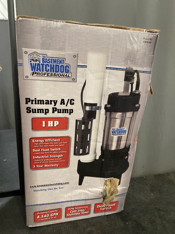 Photo 1 of THE BASEMENT WATCHDOG Model BWSS100 1 HP 6,540 GPH at 0 ft. and 4,400 GPH at 10 ft. Cast Iron/Stainless Steel Submersible Sump Pump with Caged Dual Micro Reed Float Switch