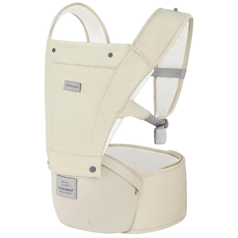 Photo 1 of Bebamour Baby Carrier Safety-Certified Hip Seat Baby Carrier Newborn to Toddler Baby Hipseat 0-36Months with Head Hood, 3 PCS Teething Pads, Waist Extender & Storage Bag (Khaki)
