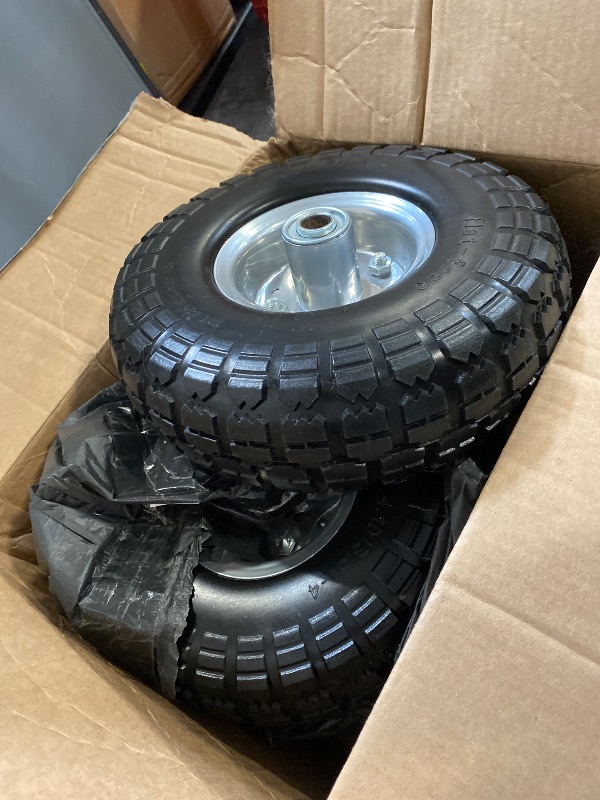 Photo 1 of 4 Pcs 4.10/3.50-4" Tire and Wheel Flat Free, 10 Inch Solid Rubber Tires with 5/8" Axle Bore Hole, 2.2" Offset Hub for Hand Truck, Wheelbarrow, Gorilla Cart, Garden Wagon Cart, Dolly, Utility Cart
