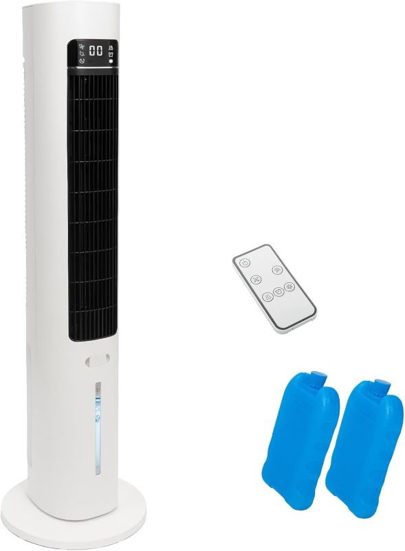 Photo 1 of Evaporative Air Cooler 70° Oscillating Swamp Cooler 39" Cooling Tower Fan Portable Air Conditioners w/3L Water Tank, 2 Ice Packs 12h Smart Timer For Auto-off Cooling Fan for indoor and Outdoor White
