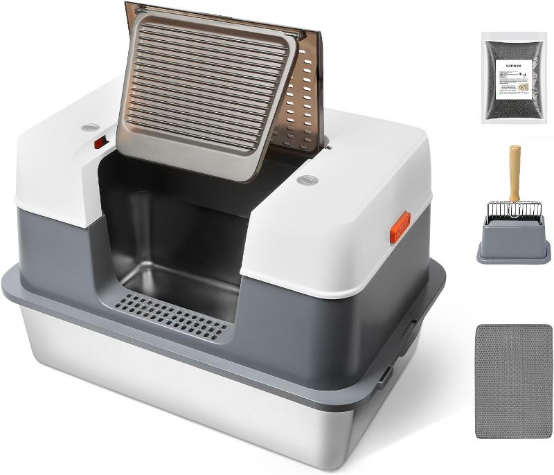 Photo 1 of Stainless Steel Cat Litter Box Enclosed with Lid?Covered Metal Kitty Litter Box with Litter Mat and Odor Reduction Pack(2kg), Metal Scoop?Switchable Design, Easy Clean?Odor-Control, Leak-Proof
