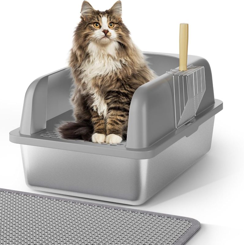 Photo 1 of XL Stainless Steel Cat Litter Box with Lid, Cat Metal Litter Box with High Sides, 24" L x 16" W x 12" H, Extra Large Enclosed Litter Pan, 1PC (Non-Sticky, Easy to Clean, Anti-Urine Leakage)