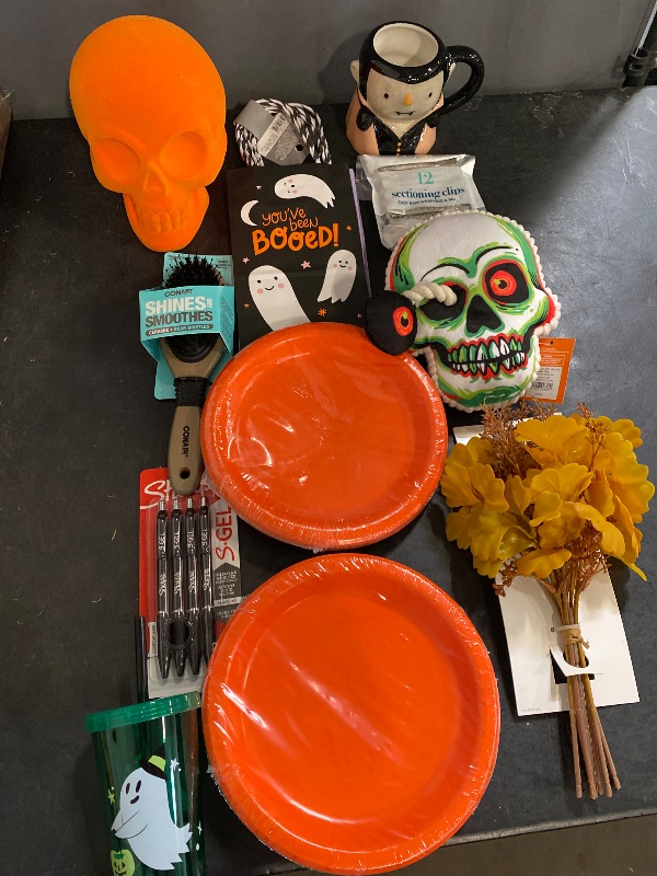Photo 1 of 11 Item Seasonal & Party Supplies Bundle | 2 Cups , 2 Home Decor, 4 Gift Bags, 1 Brush, 4 Pens, 12 Hair Clips, 1 Dog Toy, 40 Plates