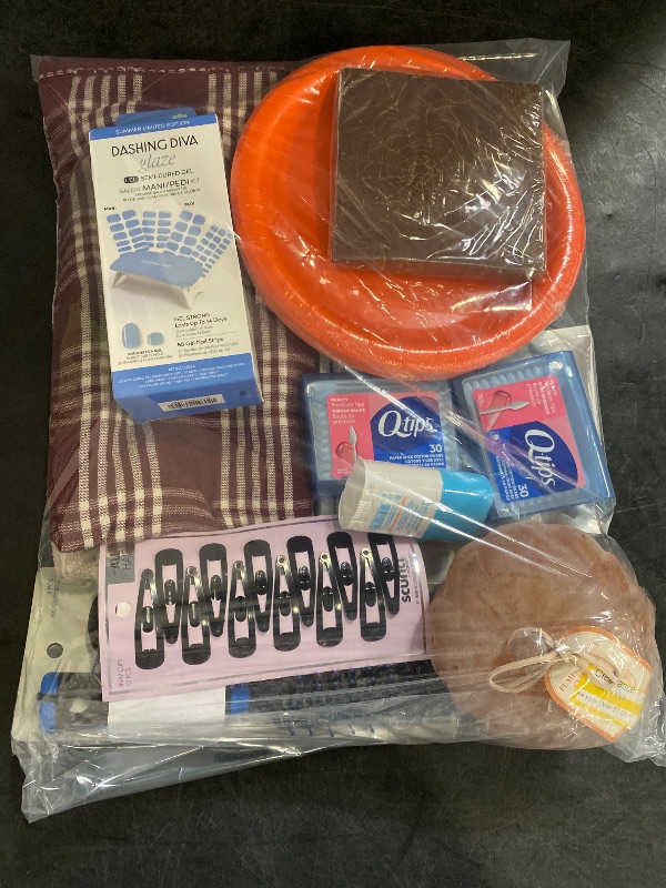 Photo 1 of 12 Item Mixed Items Bundle (Beauty Accessories, Office Supplies, Home Decor, Kitchen & Dining) | 2 Towels, 12 Hair Clips, 4 Pens, 2 Combs, 1 Candle, 60 Q-Tips, 1 Deodorant, 20 Napkins, 1 File Folder, 55 Gel Strips, 20 Plates