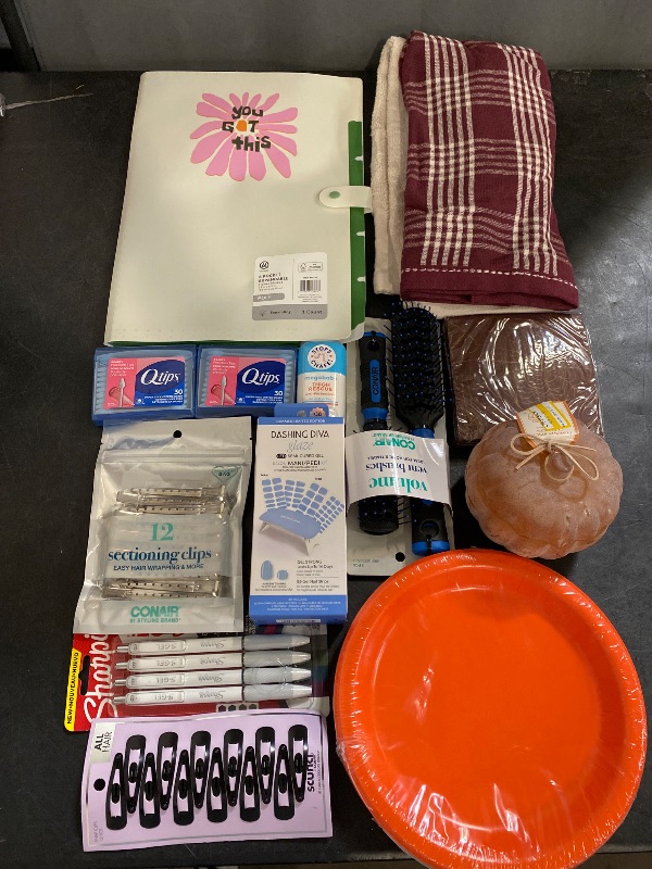 Photo 1 of 12 Item Mixed Items Bundle (Beauty Accessories, Office Supplies, Home Decor, Kitchen & Dining) | 2 Towels, 12 Hair Clips, 4 Pens, 2 Combs, 1 Candle, 60 Q-Tips, 1 Deodorant, 20 Napkins, 1 File Folder, 55 Gel Strips, 20 Plates