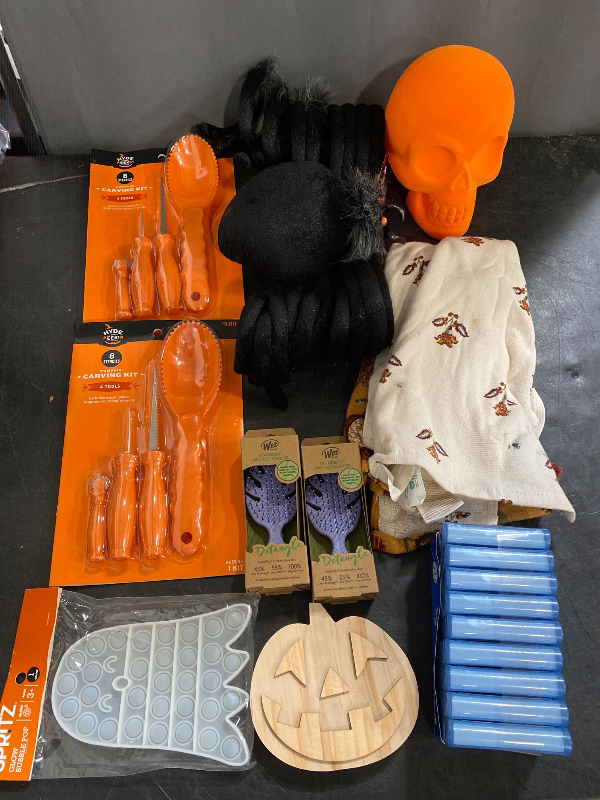 Photo 1 of 10 Item Mixed Items Bundle (Seasonal & Party Supplies, Beauty Accessories) | 8 Carving Tools, 2 Home Decor, 300 Q-Tips, 2 Brushes, 2 Kitchen Towels, 1 Toy, 1 Wooden Pumpkin