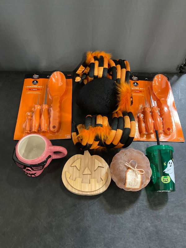 Photo 1 of 7 Item Seasonal & Party Supplies | 8 Carving Tools, 2 Cups, 1 Candle, 1 Wooden Pumpkin, 1 Seasonal Decor