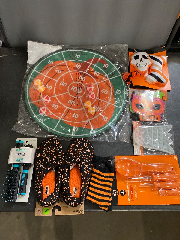 Photo 1 of 8 Item Seasonal & Party Supplies Bundle | 4 Carving Tools, 2 Pet Toys, 24 Masks, 2 Toys, 2 Socks, 1 Pair of Shoes, 2 Brushes