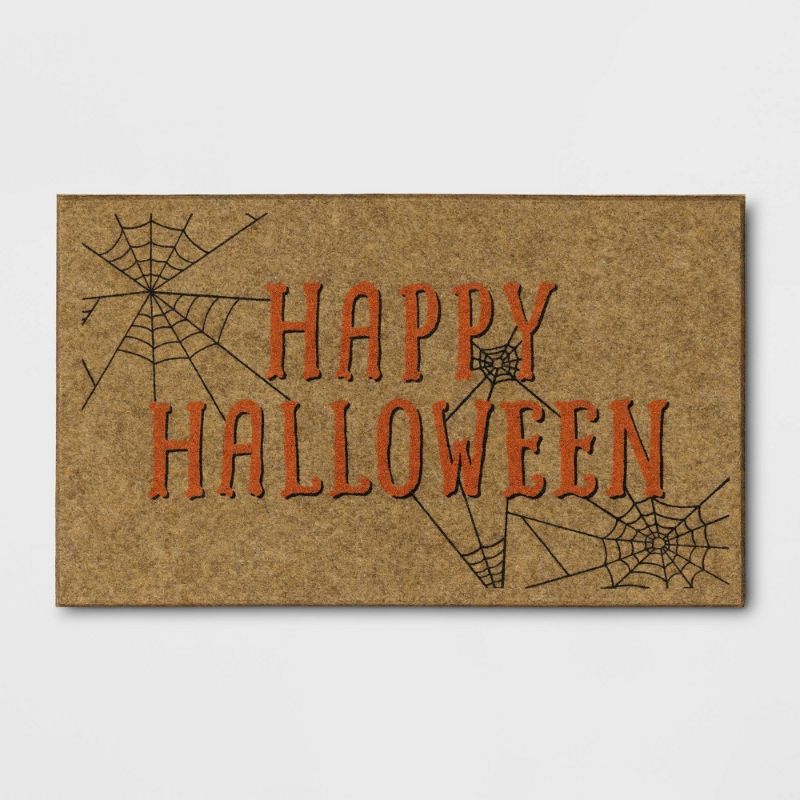 Photo 1 of 18"x30" 'Happy Halloween' Faux Coir Doormat with Spiderwebs Orange/Black - Hyde and EEK
