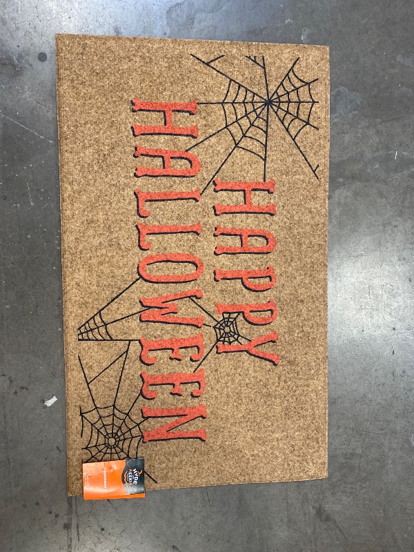 Photo 1 of 18"x30" 'Happy Halloween' Faux Coir Doormat with Spiderwebs Orange/Black - Hyde and EEK