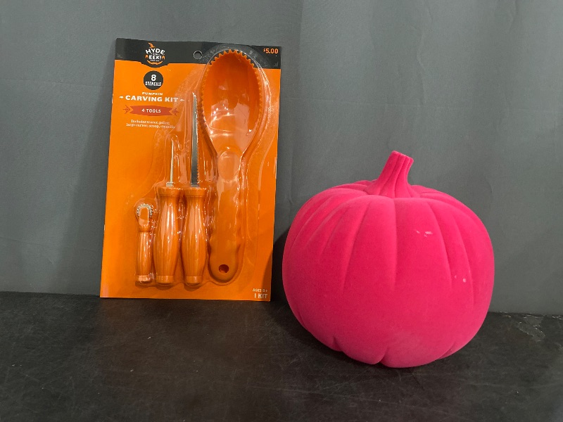 Photo 1 of  Neon Pink Plastic Flocked Pumpkin/ Pumpkin Carving Kit.