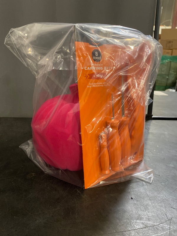 Photo 1 of  Neon Pink Plastic Flocked Pumpkin/ Pumpkin Carving Kit.
