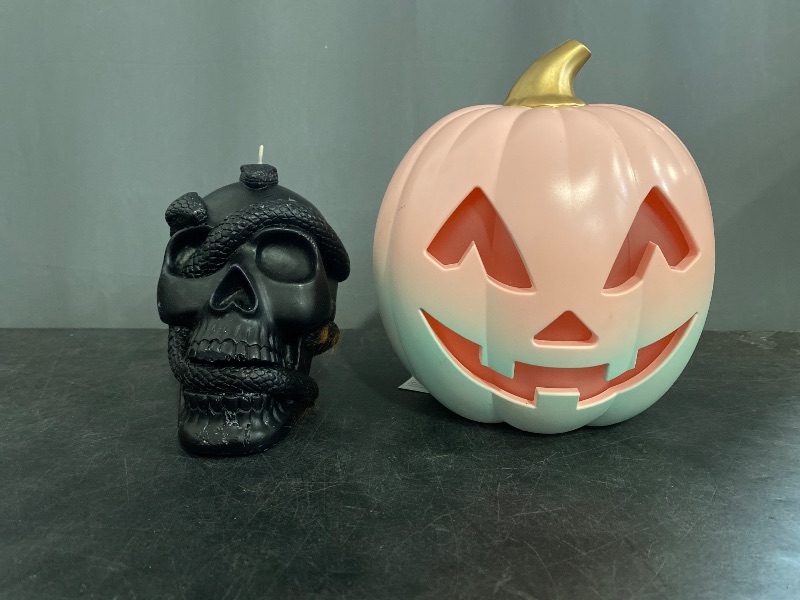 Photo 1 of 5.1' Skull and Snake Candle Black  and Light-up Halloween Pumpkin