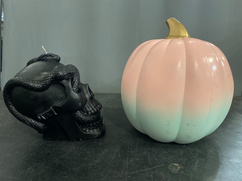 Photo 1 of 5.1' Skull and Snake Candle Black  and Light-up Halloween Pumpkin
