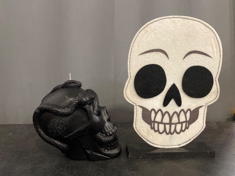 Photo 1 of 5.1' Skull and Snake Candle Black - Threshold and Felt Skull stand.