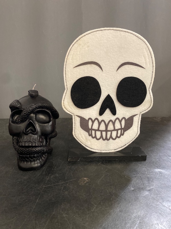 Photo 1 of 5.1' Skull and Snake Candle Black - Threshold and Felt Skull stand.
