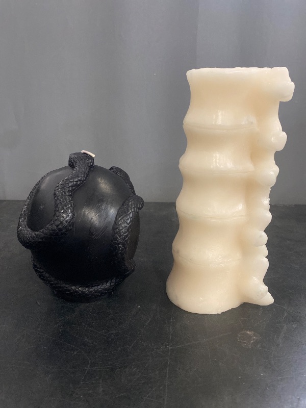 Photo 1 of 5.1' Skull and Snake Candle Black and Vertebrae Spine Bone Skeleton Candle - White