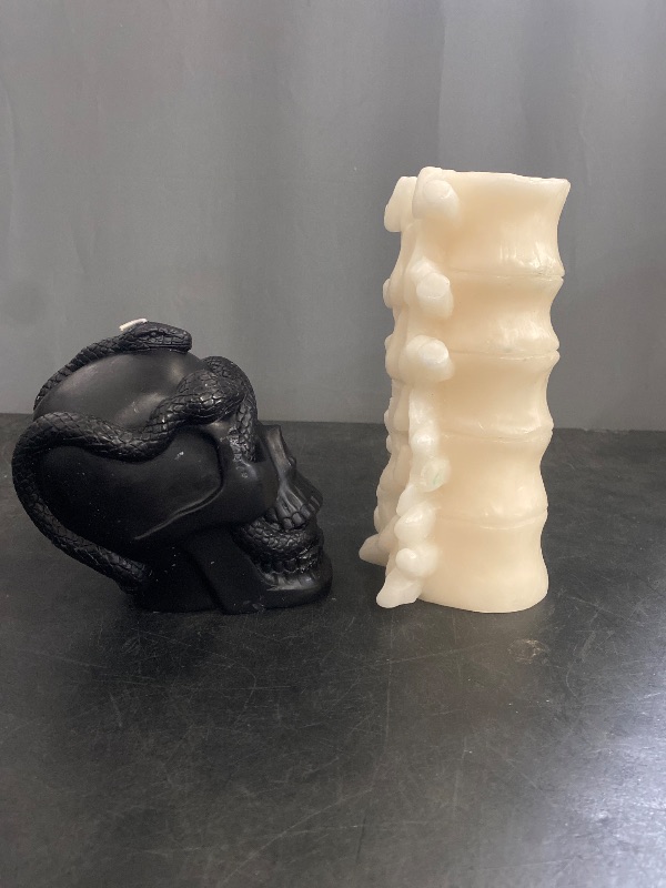 Photo 1 of 5.1' Skull and Snake Candle Black and Vertebrae Spine Bone Skeleton Candle - White