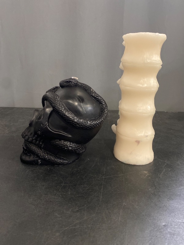 Photo 1 of 5.1' Skull and Snake Candle Black and Vertebrae Spine Bone Skeleton Candle - White