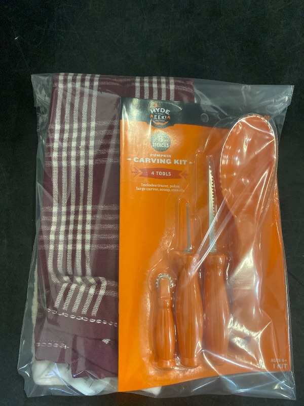 Photo 1 of Pumpkin Carving Party Kit - 8 Stencils and 4 Tools/ Threshold 2 Hand Towels 25"x15" Burgundy Plaid & Cream W/Autumn Flower